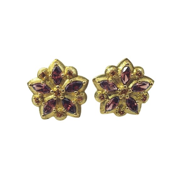 Paul Morelli 18 Karat Yellow Gold Garnet Citrine Flower Earrings #11231 - Picture 2 of 8